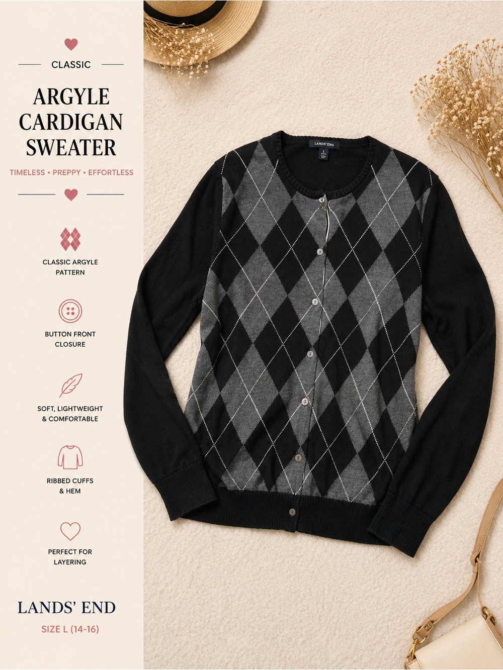 Lands’ End Argyle Button Front Cardigan Sweater | Navy & Gray | Size L (14–16)